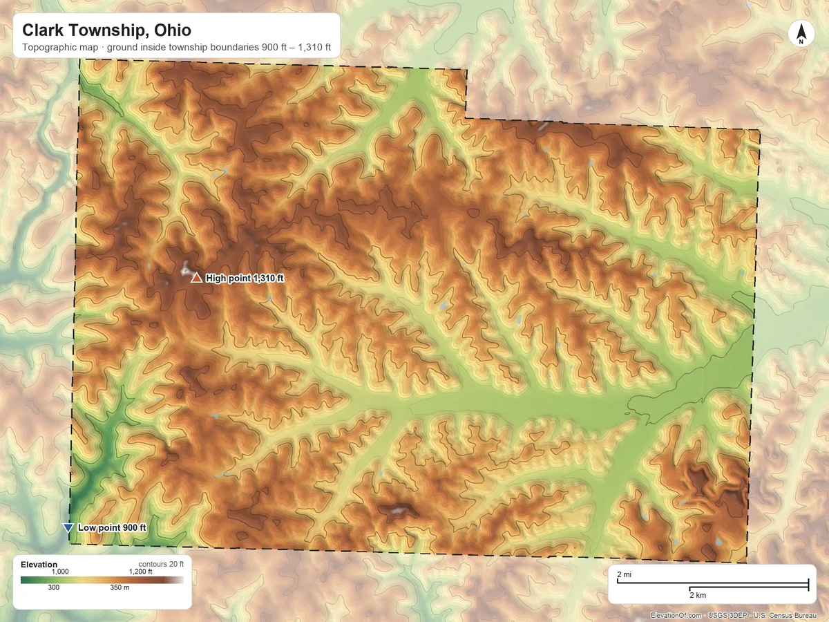 Topographic elevation map of Clark Township, Ohio, shaded from 900 ft on the southwest side to 1,310 ft on the west side