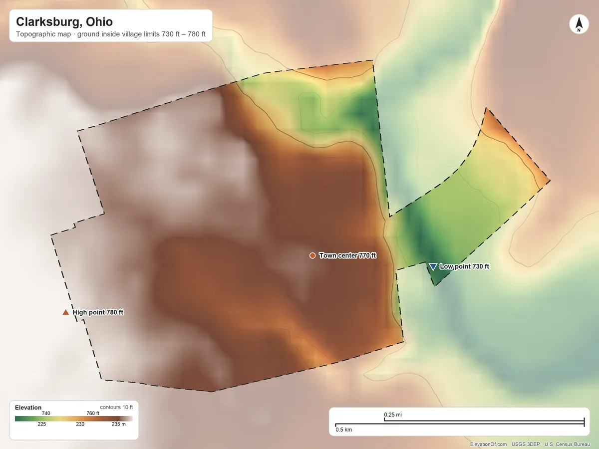 Topographic elevation map of Clarksburg, Ohio, shaded from 730 ft on the east side to 780 ft on the west side