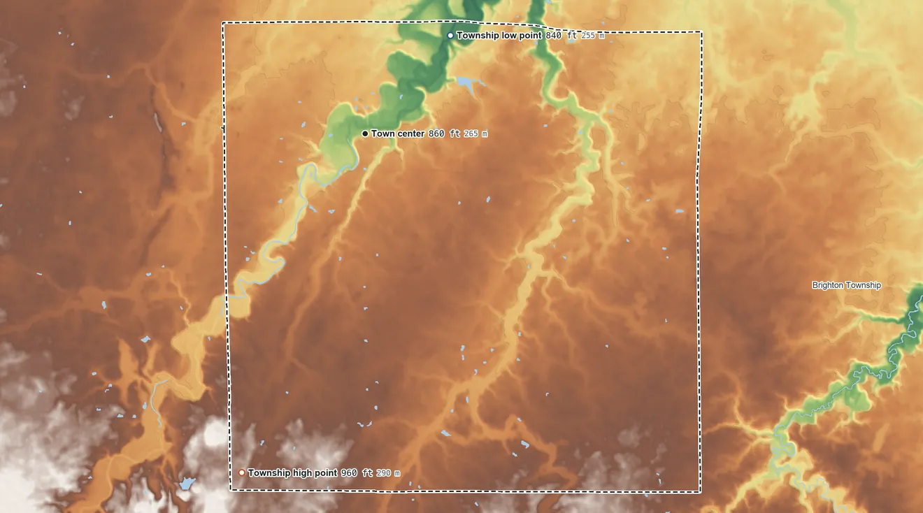 Topographic elevation map of Clarksfield Township, Ohio, shaded from 840 ft on the northeast side to 960 ft on the south side