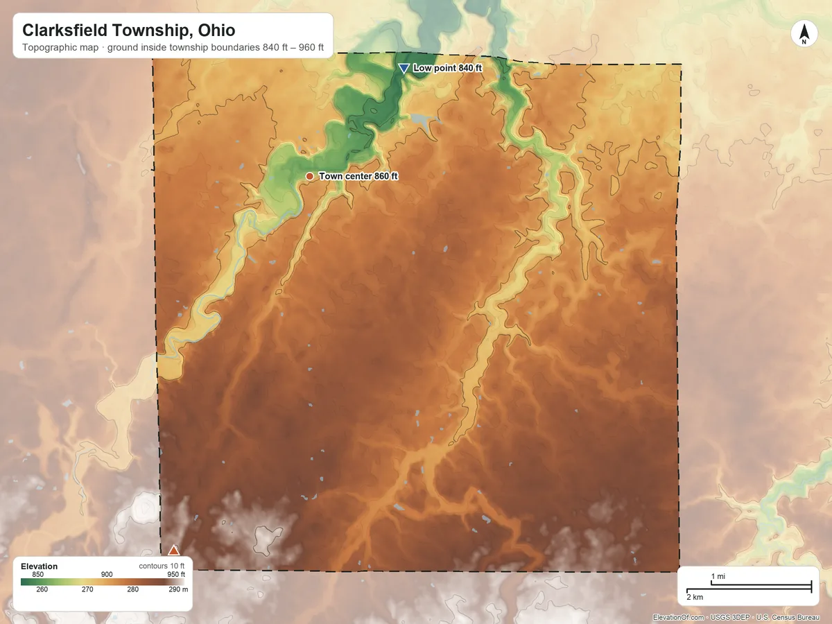 Topographic elevation map of Clarksfield Township, Ohio, shaded from 840 ft on the northeast side to 960 ft on the south side