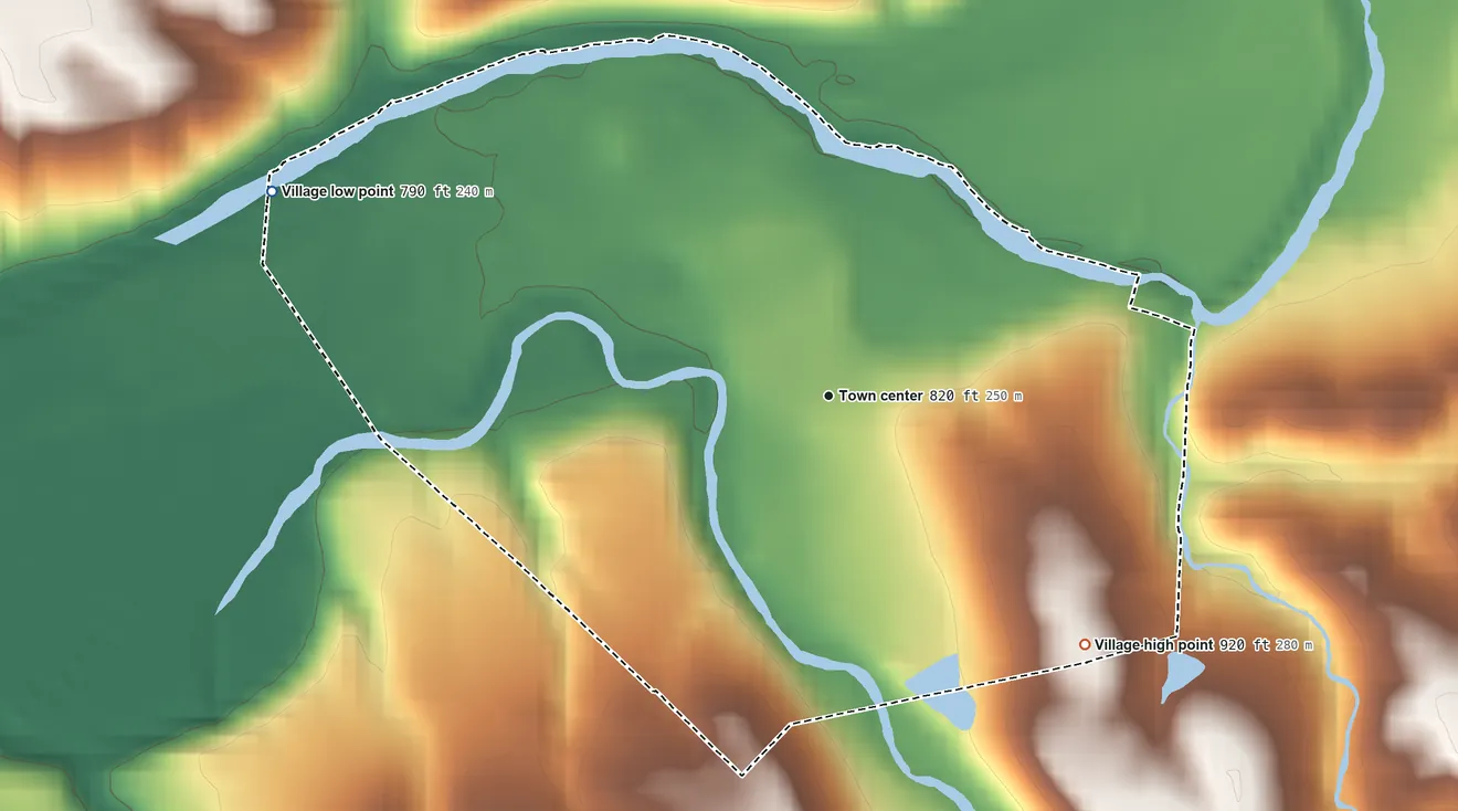 Topographic elevation map of Clarksville, Ohio, shaded from 790 ft on the west side to 920 ft on the southeast side
