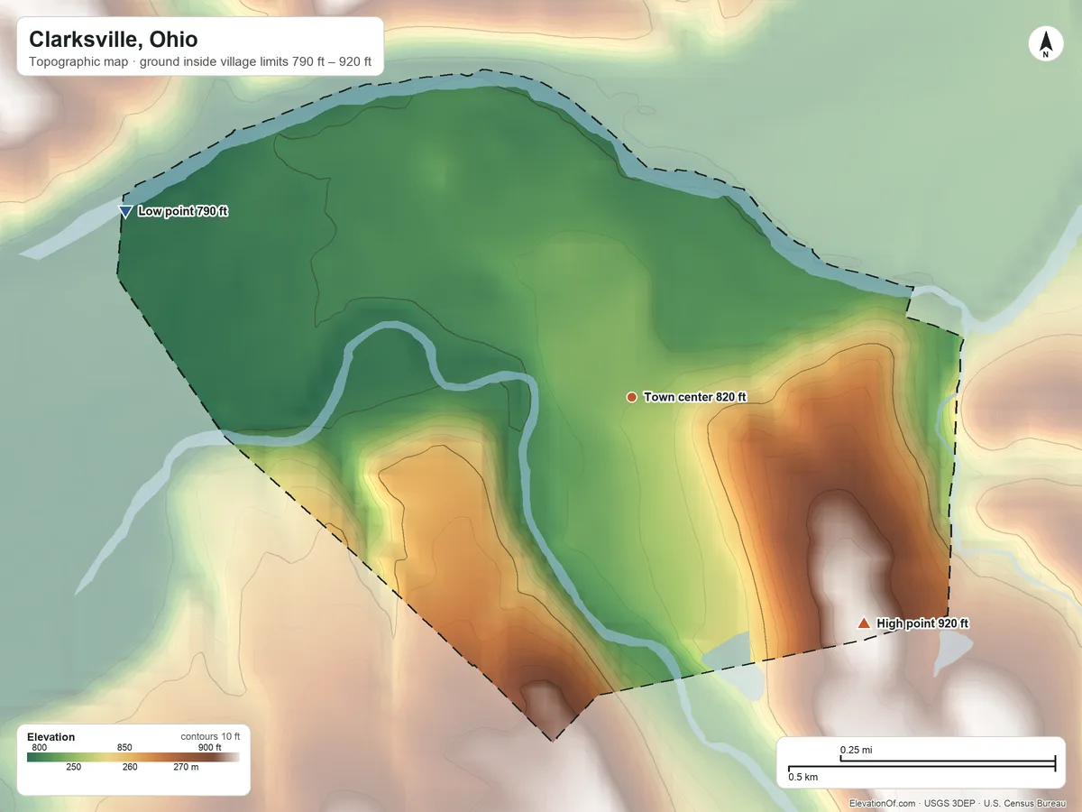Topographic elevation map of Clarksville, Ohio, shaded from 790 ft on the west side to 920 ft on the southeast side