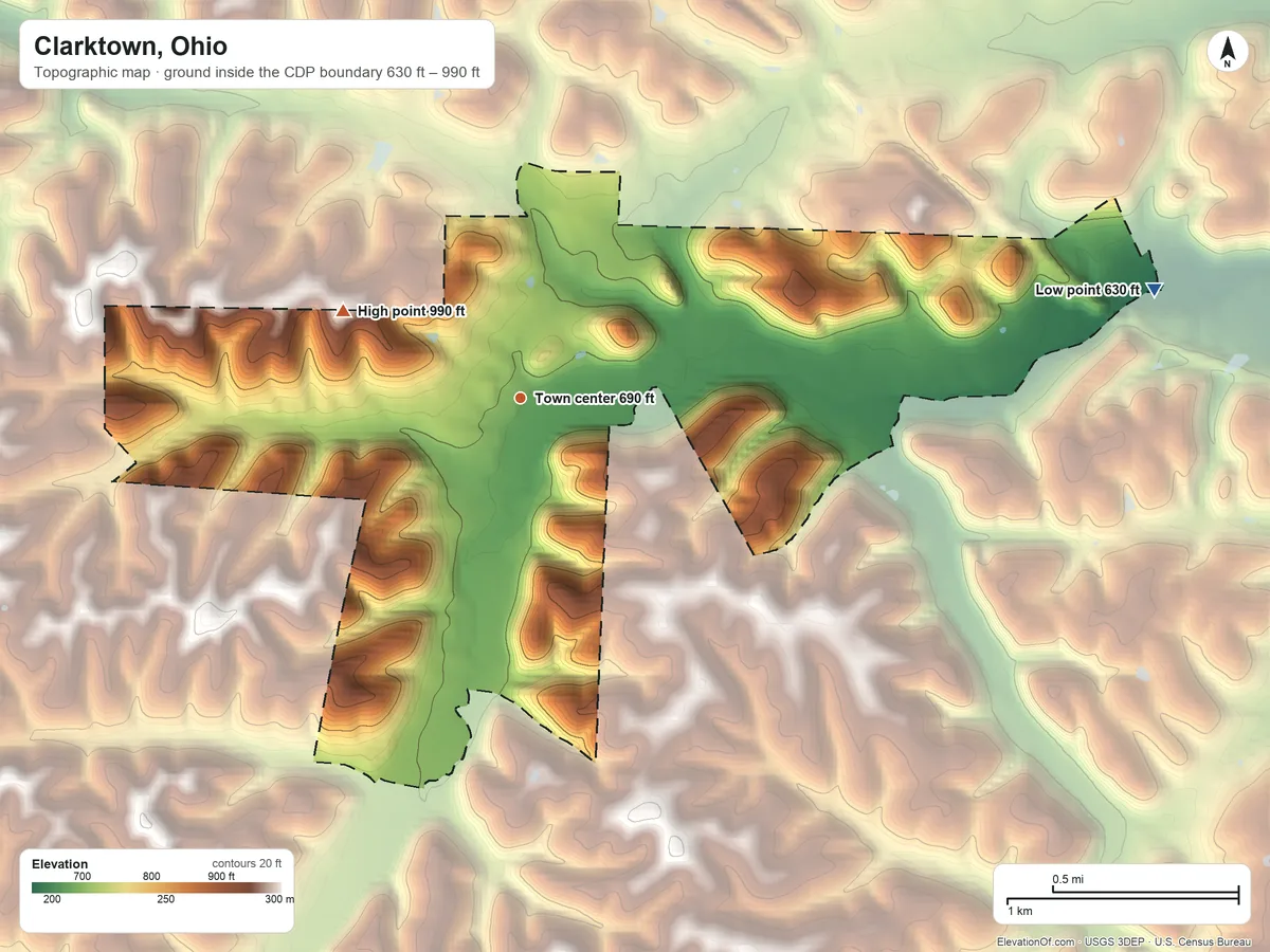Topographic elevation map of Clarktown, Ohio, shaded from 630 ft on the east side to 990 ft on the northwest side