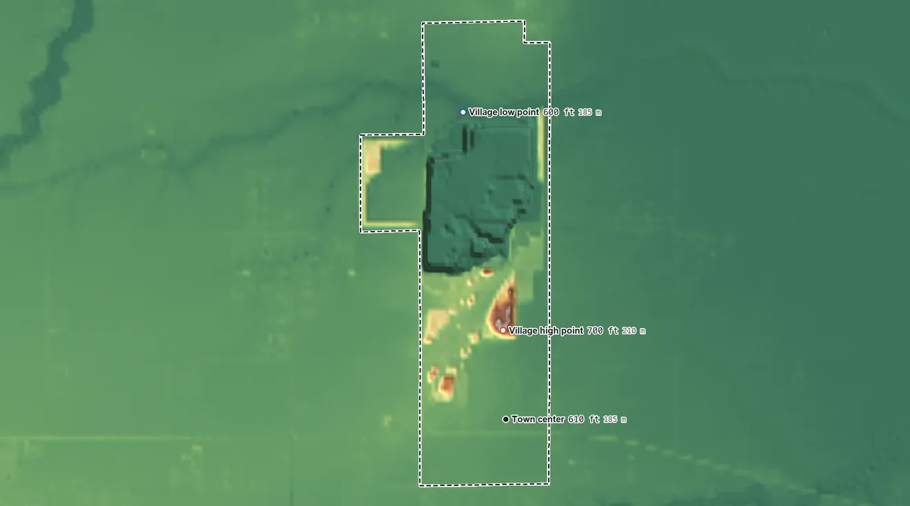 Topographic elevation map of Clay Center, Ohio, shaded from 600 ft on the north side to 700 ft on the north side