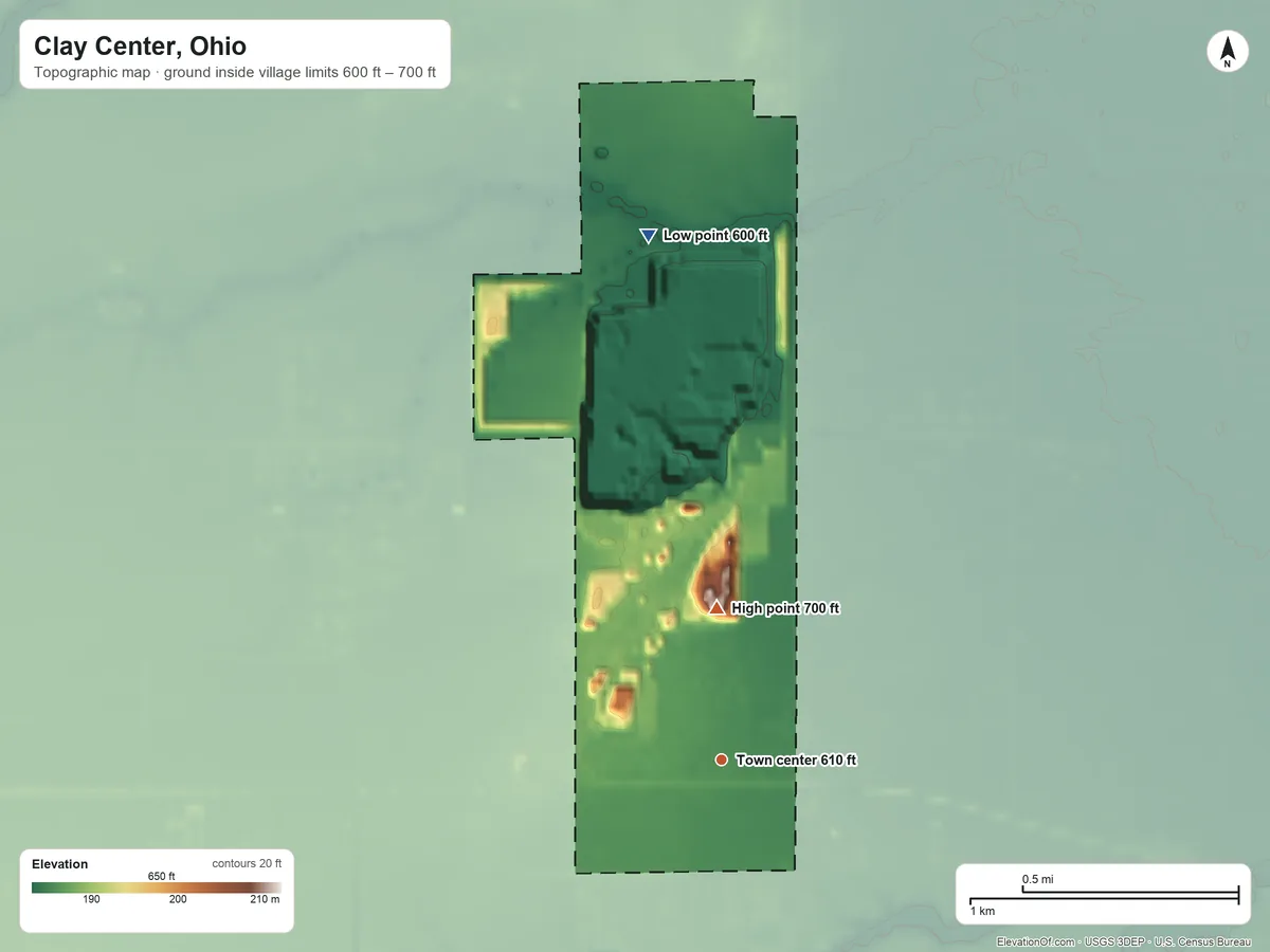 Topographic elevation map of Clay Center, Ohio, shaded from 600 ft on the north side to 700 ft on the north side