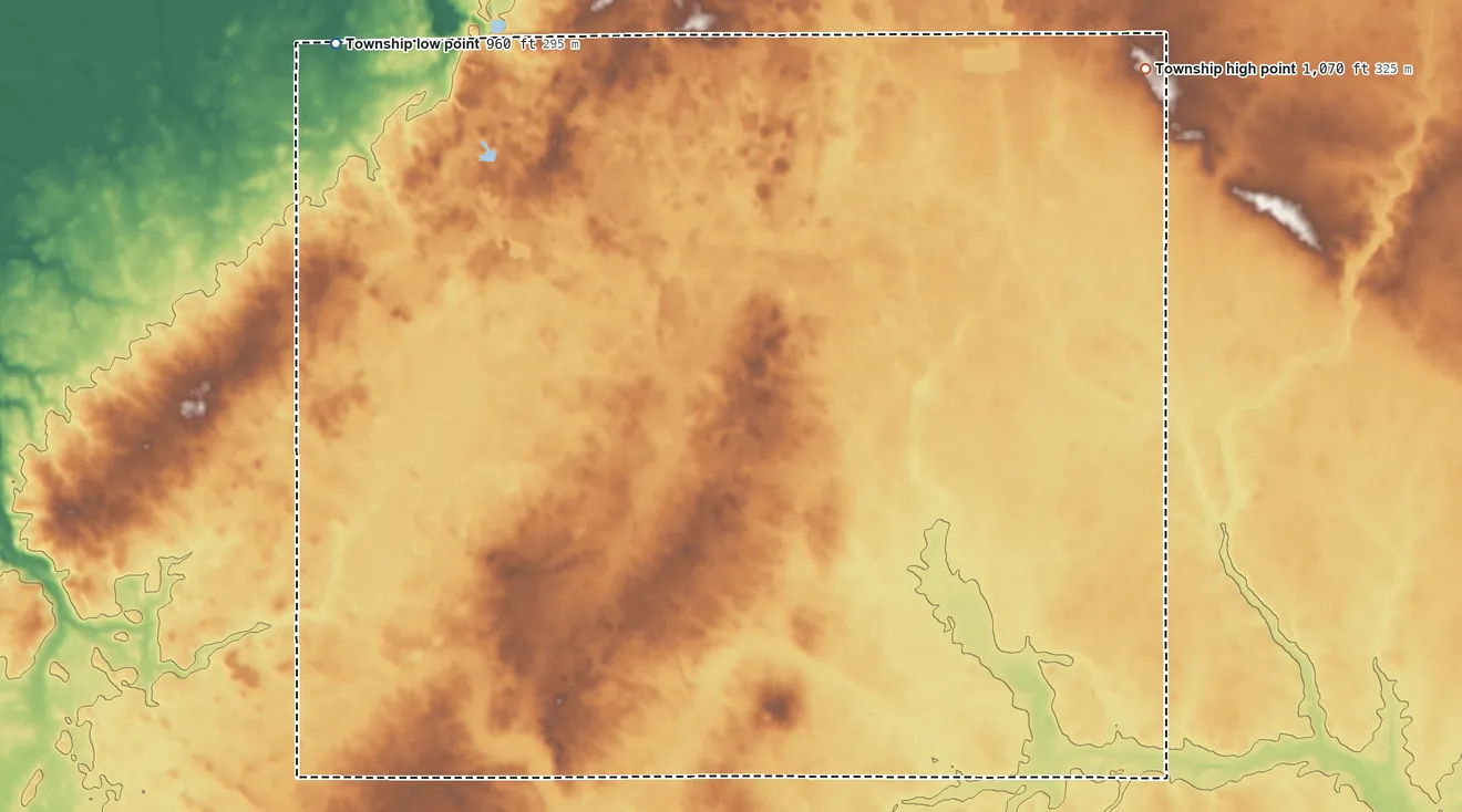 Topographic elevation map of Clay Township, Auglaize County, Ohio, shaded from 960 ft on the northwest side to 1,070 ft on the northeast side