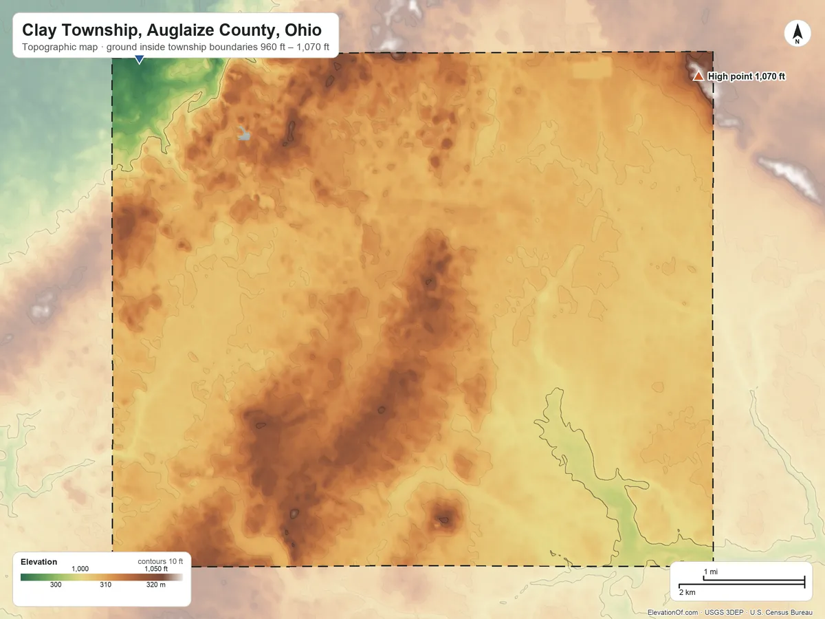 Topographic elevation map of Clay Township, Auglaize County, Ohio, shaded from 960 ft on the northwest side to 1,070 ft on the northeast side