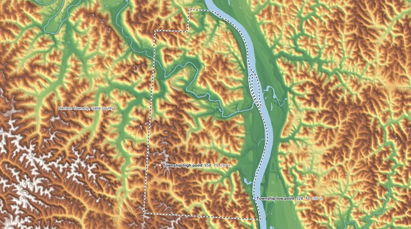Topographic elevation map of Clay Township, Gallia County, Ohio, shaded from 520 ft on the south side to 950 ft on the southwest side