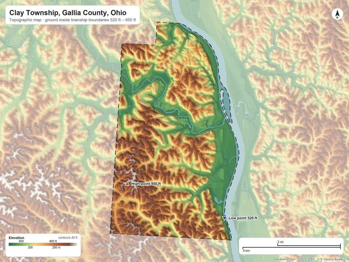 Topographic elevation map of Clay Township, Gallia County, Ohio, shaded from 520 ft on the south side to 950 ft on the southwest side