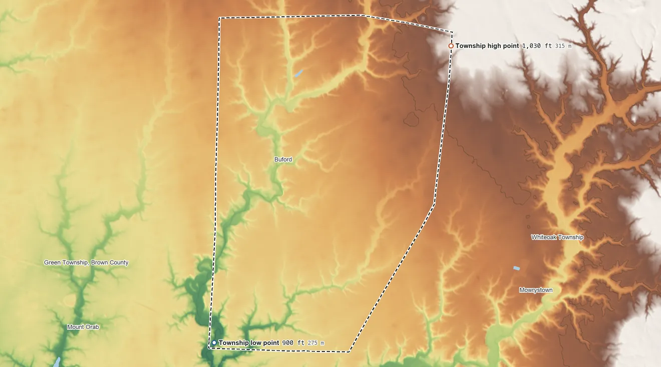 Topographic elevation map of Clay Township, Highland County, Ohio, shaded from 900 ft on the southwest side to 1,030 ft on the northeast side