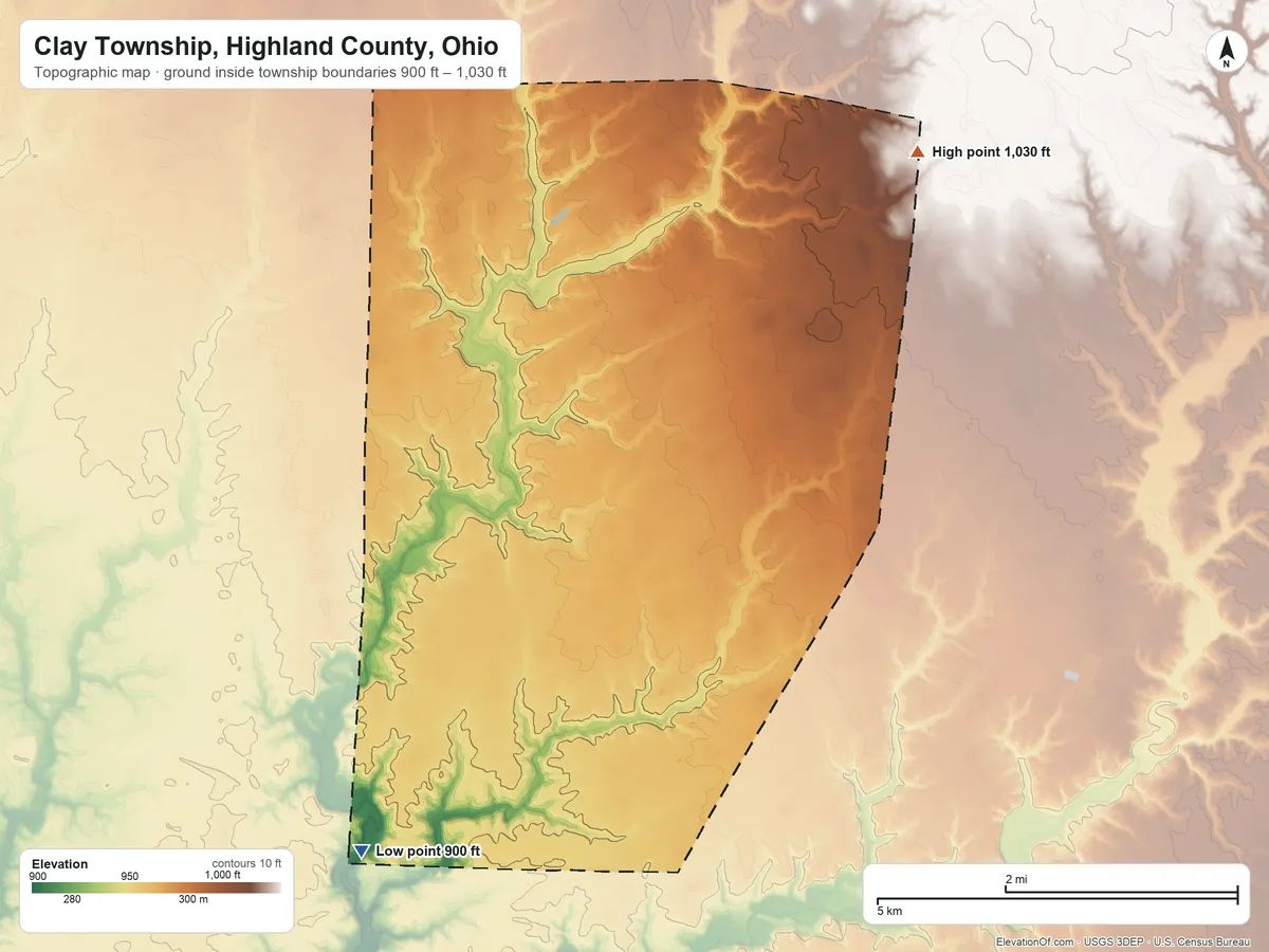 Topographic elevation map of Clay Township, Highland County, Ohio, shaded from 900 ft on the southwest side to 1,030 ft on the northeast side