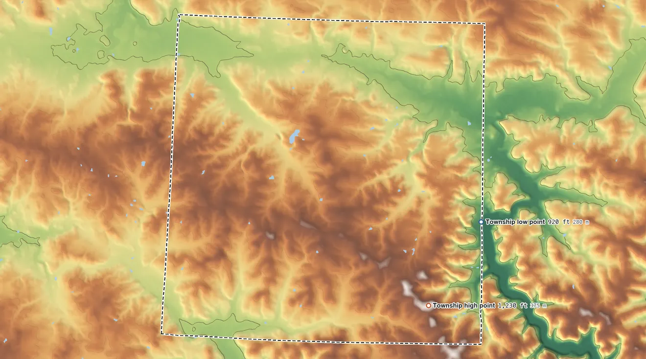 Topographic elevation map of Clay Township, Knox County, Ohio, shaded from 920 ft on the east side to 1,230 ft on the southeast side