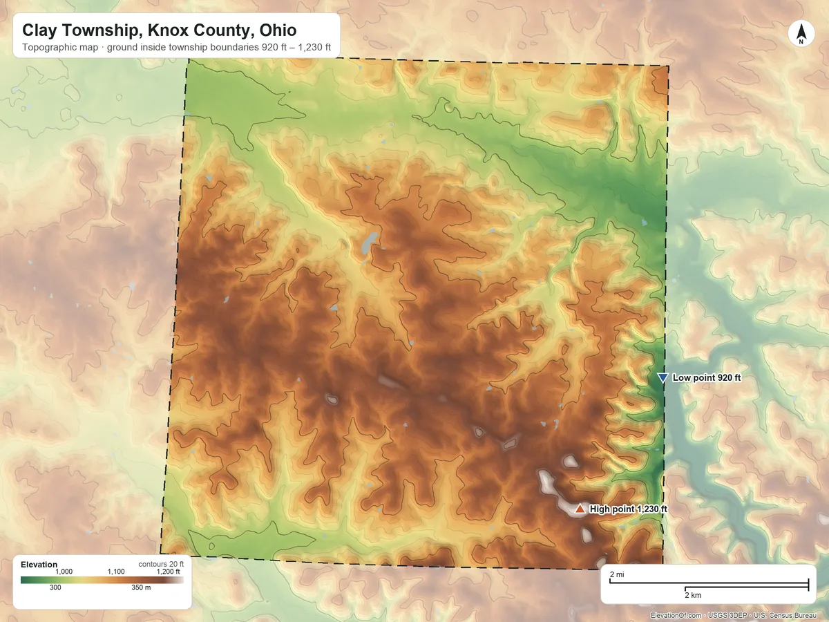 Topographic elevation map of Clay Township, Knox County, Ohio, shaded from 920 ft on the east side to 1,230 ft on the southeast side