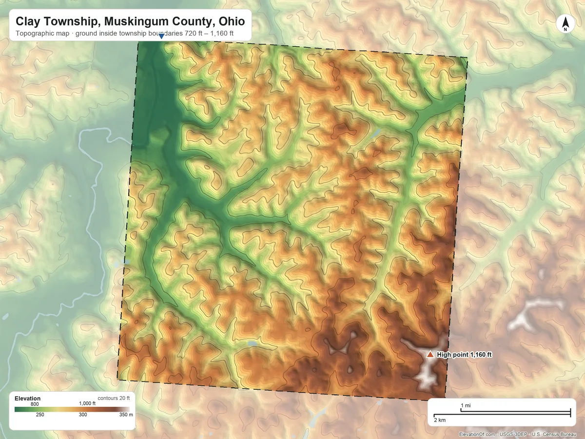 Topographic elevation map of Clay Township, Muskingum County, Ohio, shaded from 720 ft on the north side to 1,160 ft on the southeast side