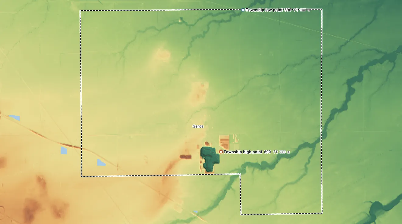 Topographic elevation map of Clay Township, Ottawa County, Ohio, shaded from 590 ft on the northeast side to 690 ft on the southeast side