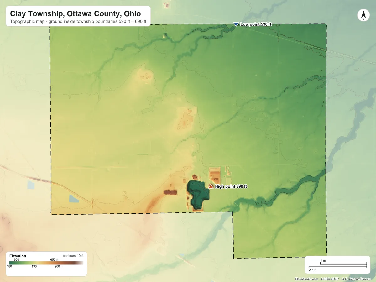 Topographic elevation map of Clay Township, Ottawa County, Ohio, shaded from 590 ft on the northeast side to 690 ft on the southeast side