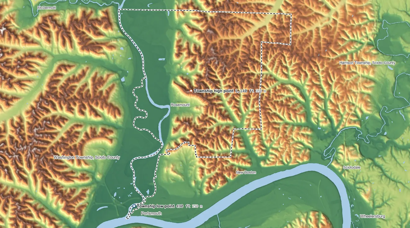 Topographic elevation map of Clay Township, Scioto County, Ohio, shaded from 490 ft on the southwest side to 1,140 ft near the middle