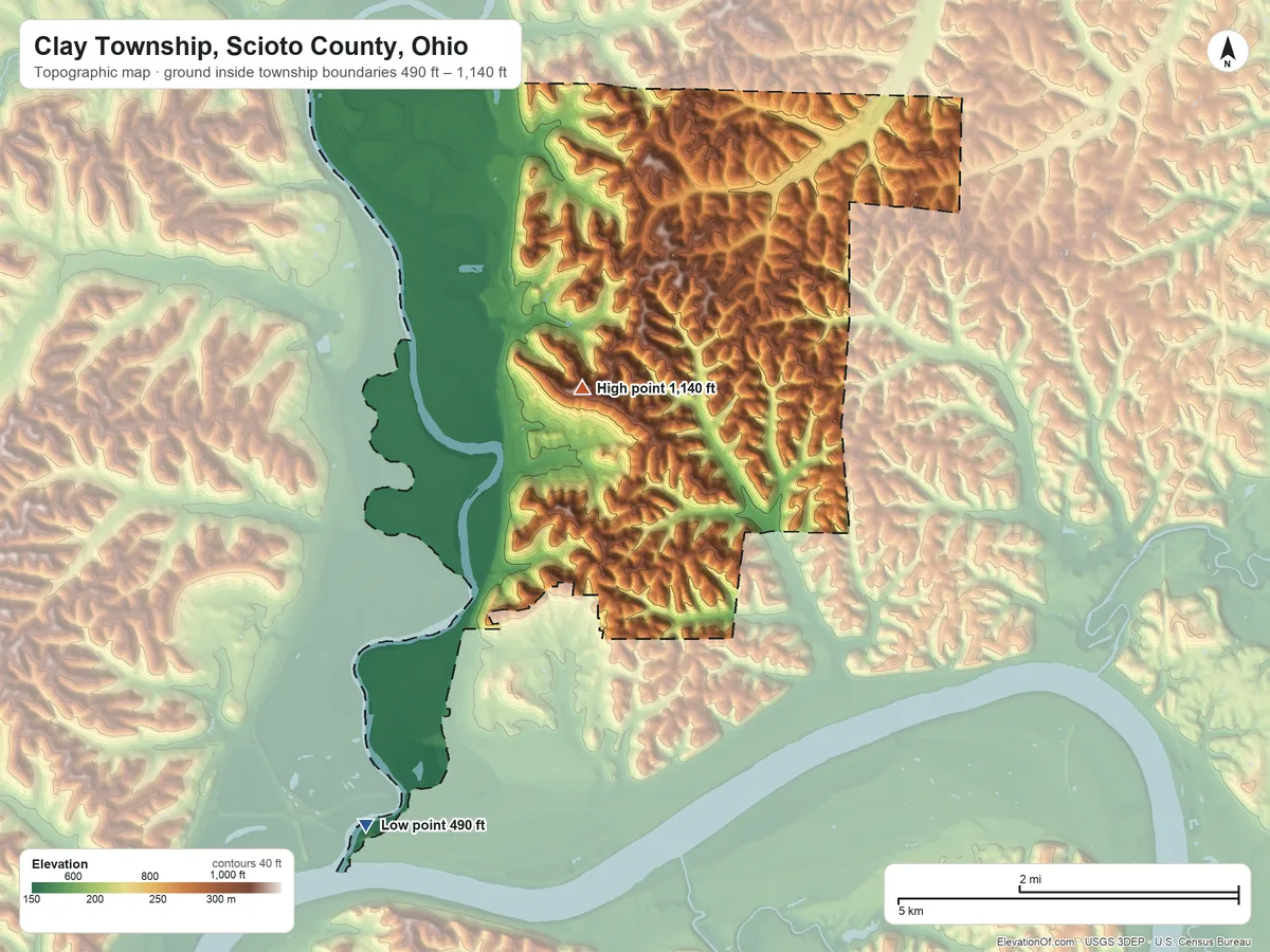 Topographic elevation map of Clay Township, Scioto County, Ohio, shaded from 490 ft on the southwest side to 1,140 ft near the middle