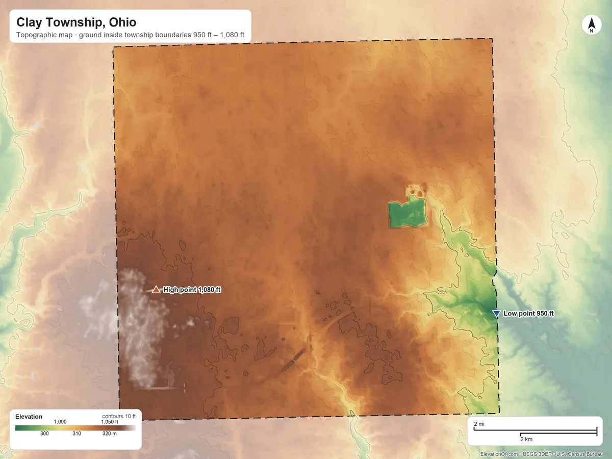 Topographic elevation map of Clay Township, Ohio, shaded from 950 ft on the east side to 1,080 ft on the west side