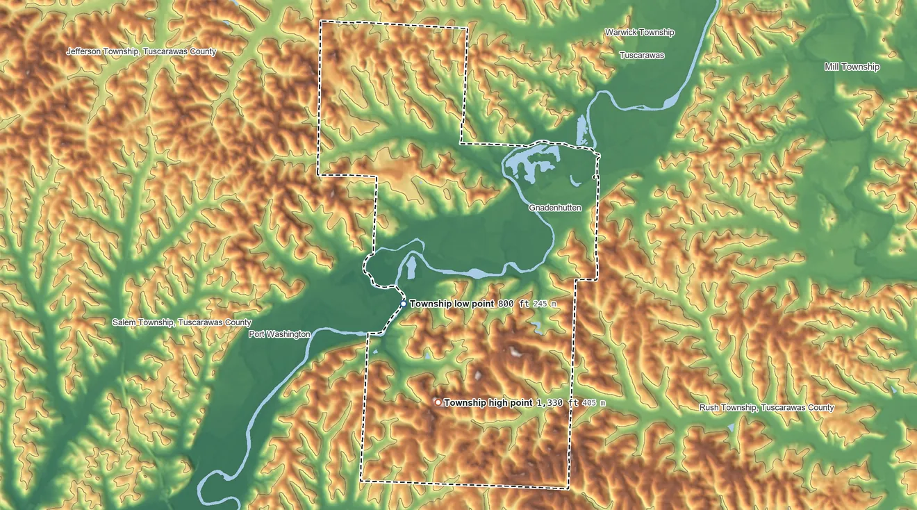 Topographic elevation map of Clay Township, Tuscarawas County, Ohio, shaded from 800 ft on the southwest side to 1,330 ft on the southwest side