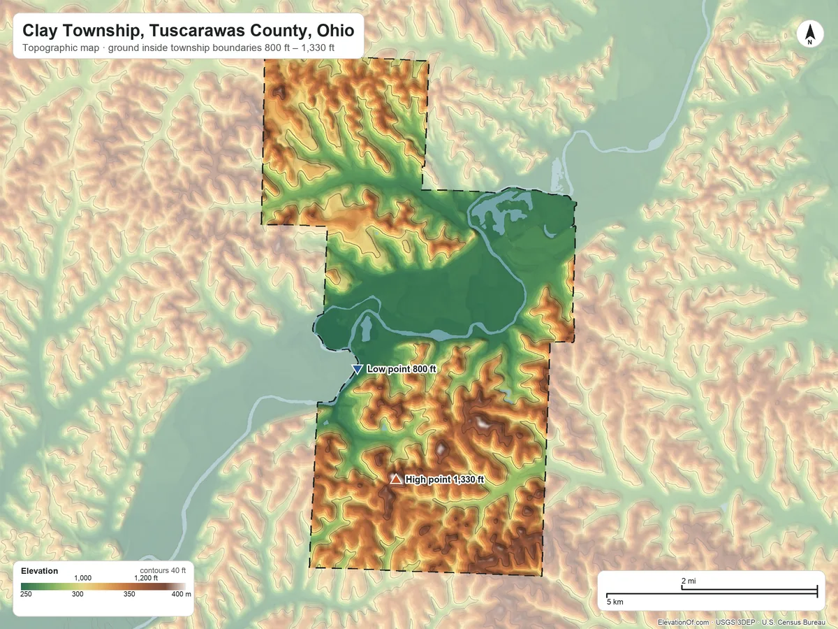 Topographic elevation map of Clay Township, Tuscarawas County, Ohio, shaded from 800 ft on the southwest side to 1,330 ft on the southwest side