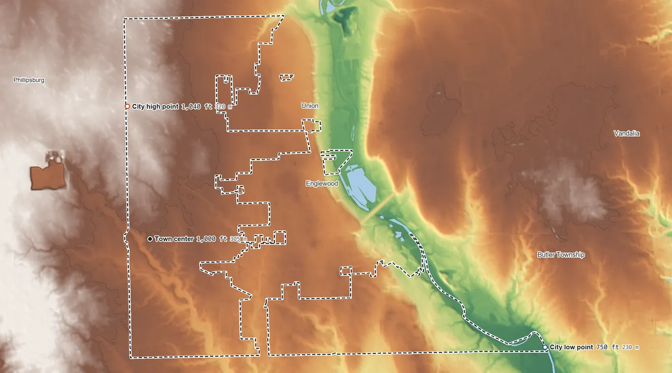 Topographic elevation map of Clayton, Ohio, shaded from 750 ft on the east side to 1,040 ft on the north side