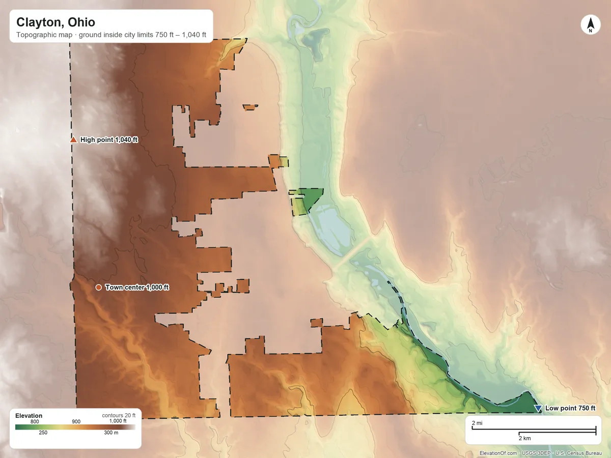Topographic elevation map of Clayton, Ohio, shaded from 750 ft on the east side to 1,040 ft on the north side