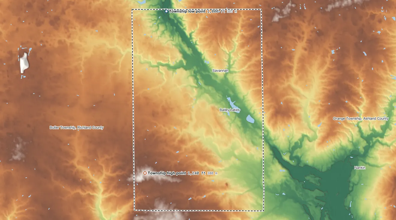 Topographic elevation map of Clear Creek Township, Ashland County, Ohio, shaded from 1,000 ft on the north side to 1,240 ft on the southwest side