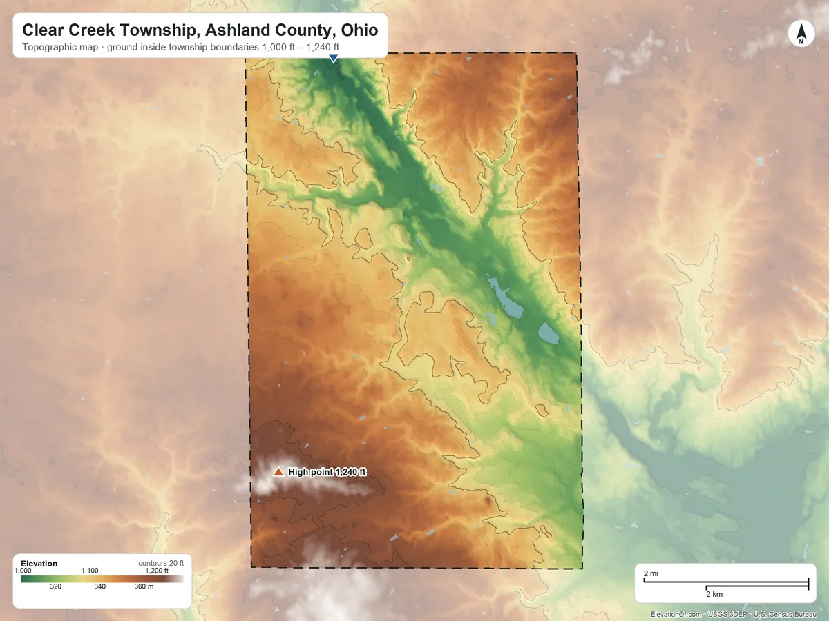 Topographic elevation map of Clear Creek Township, Ashland County, Ohio, shaded from 1,000 ft on the north side to 1,240 ft on the southwest side