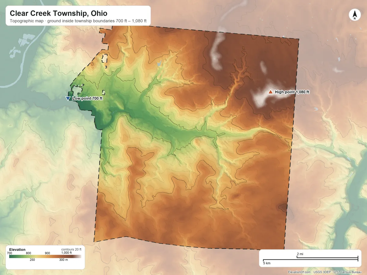 Topographic elevation map of Clear Creek Township, Ohio, shaded from 700 ft on the west side to 1,080 ft on the east side