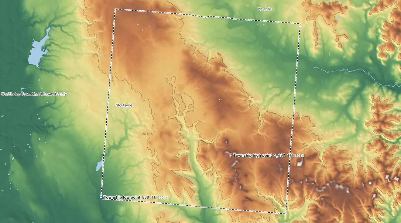 Topographic elevation map of Clearcreek Township, Ohio, shaded from 830 ft on the southwest side to 1,200 ft on the southeast side