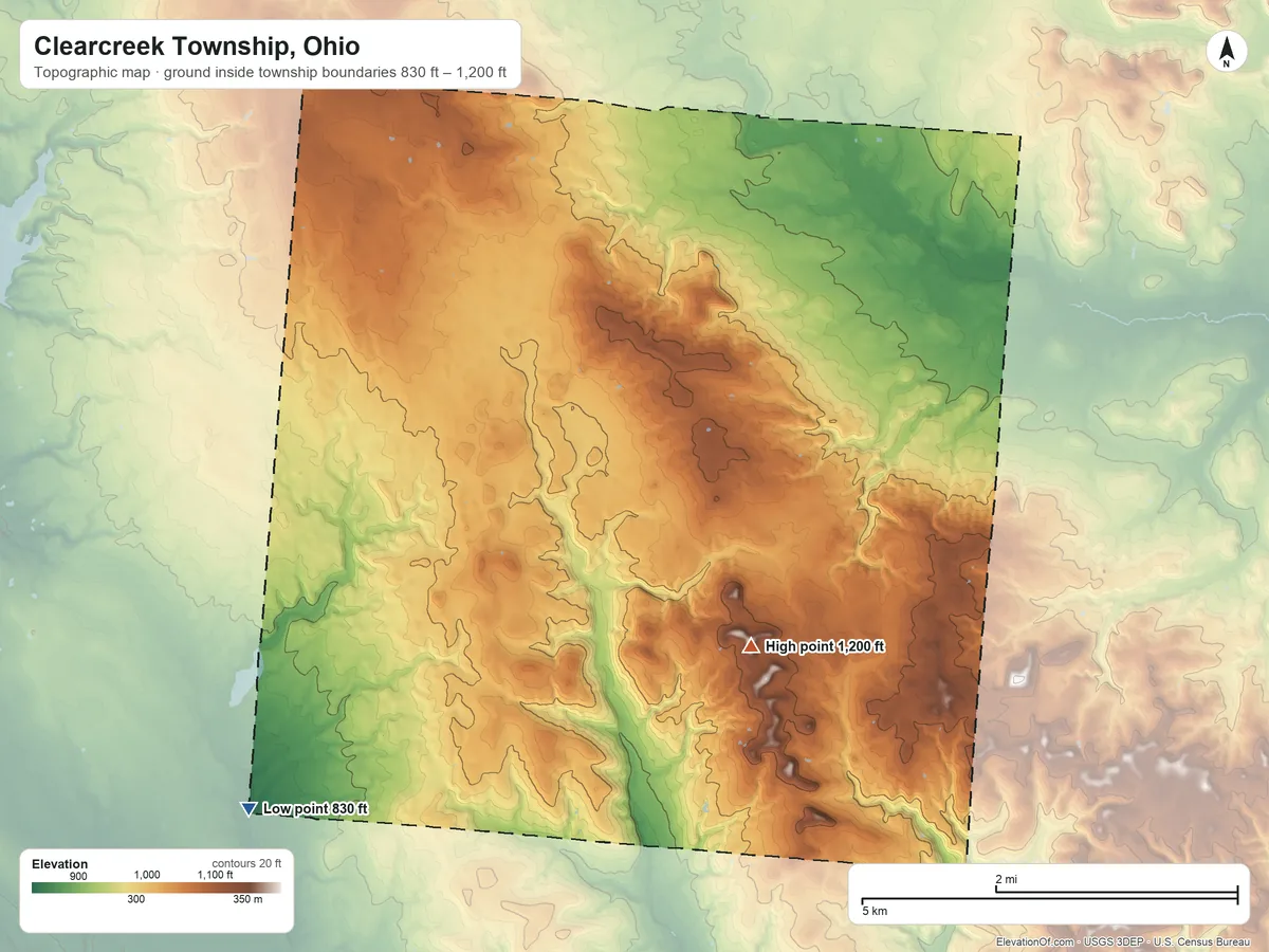 Topographic elevation map of Clearcreek Township, Ohio, shaded from 830 ft on the southwest side to 1,200 ft on the southeast side