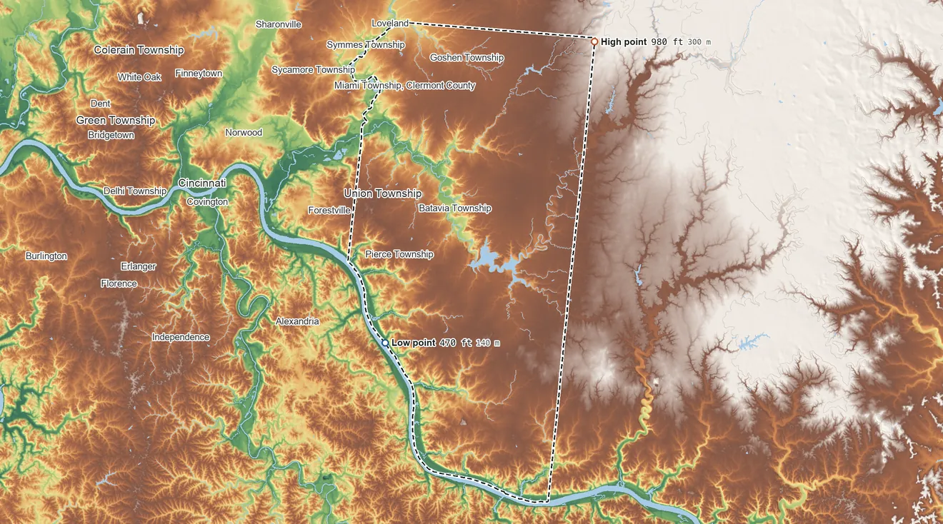 Topographic elevation map of Clermont County, Ohio, shaded from 470 ft on the southwest side to 980 ft on the northeast side