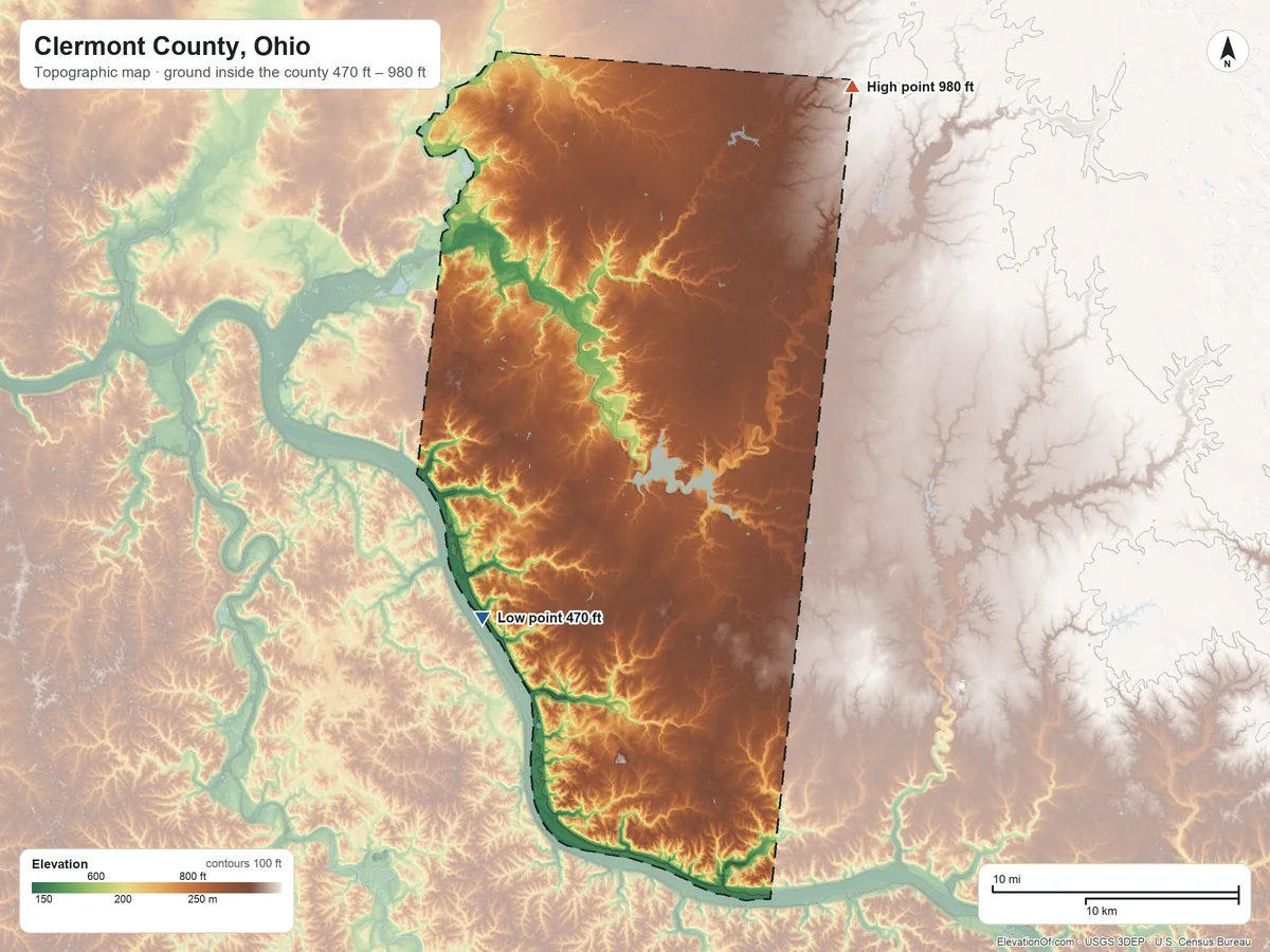 Topographic elevation map of Clermont County, Ohio, shaded from 470 ft on the southwest side to 980 ft on the northeast side