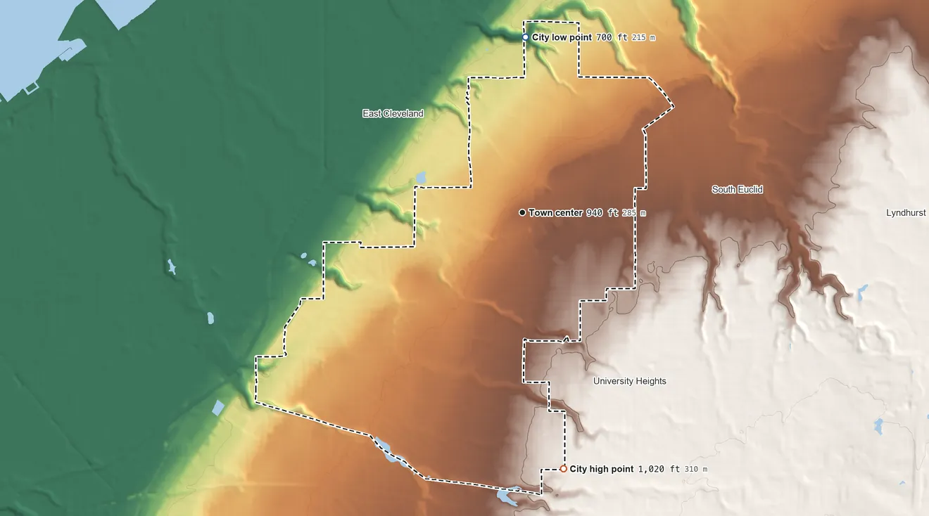 Topographic elevation map of Cleveland Heights, Ohio, shaded from 700 ft on the north side to 1,020 ft on the south side