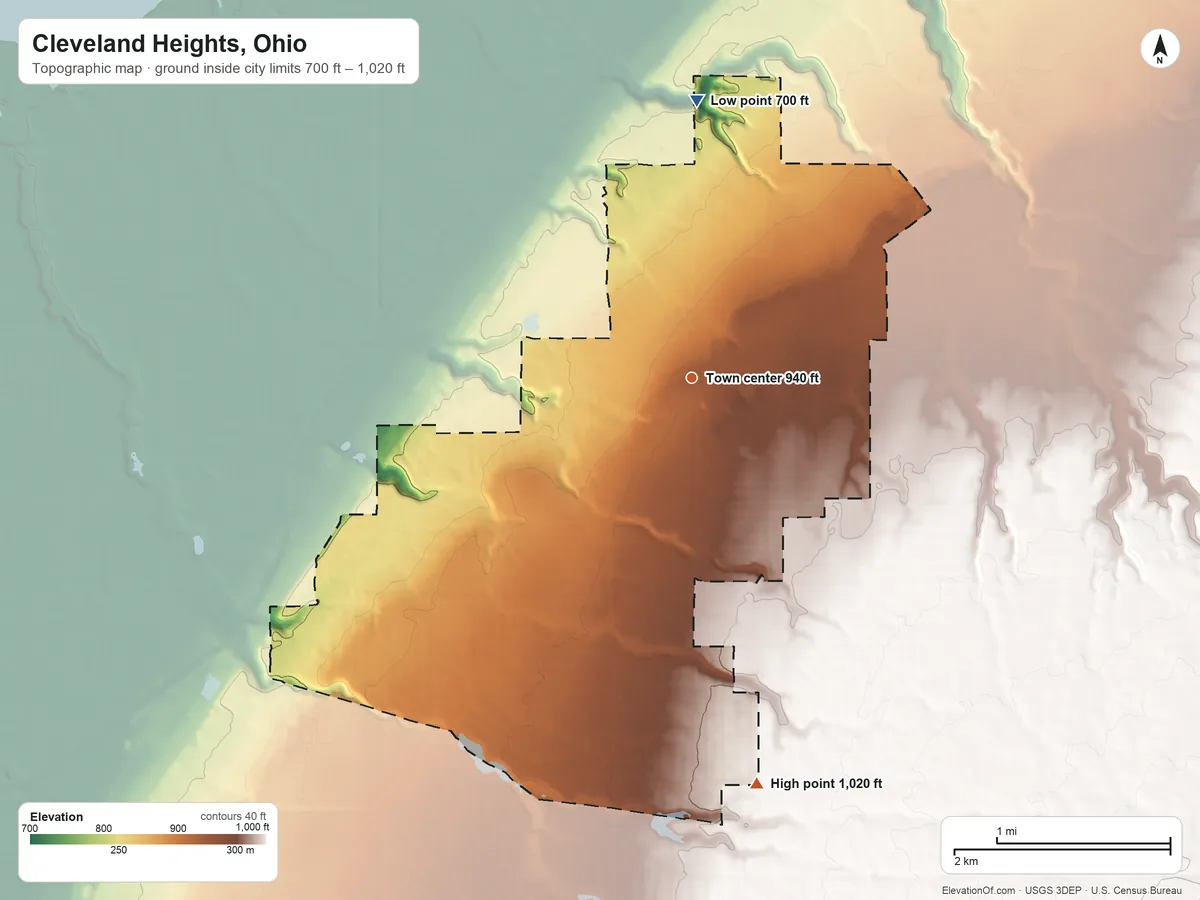 Topographic elevation map of Cleveland Heights, Ohio, shaded from 700 ft on the north side to 1,020 ft on the south side