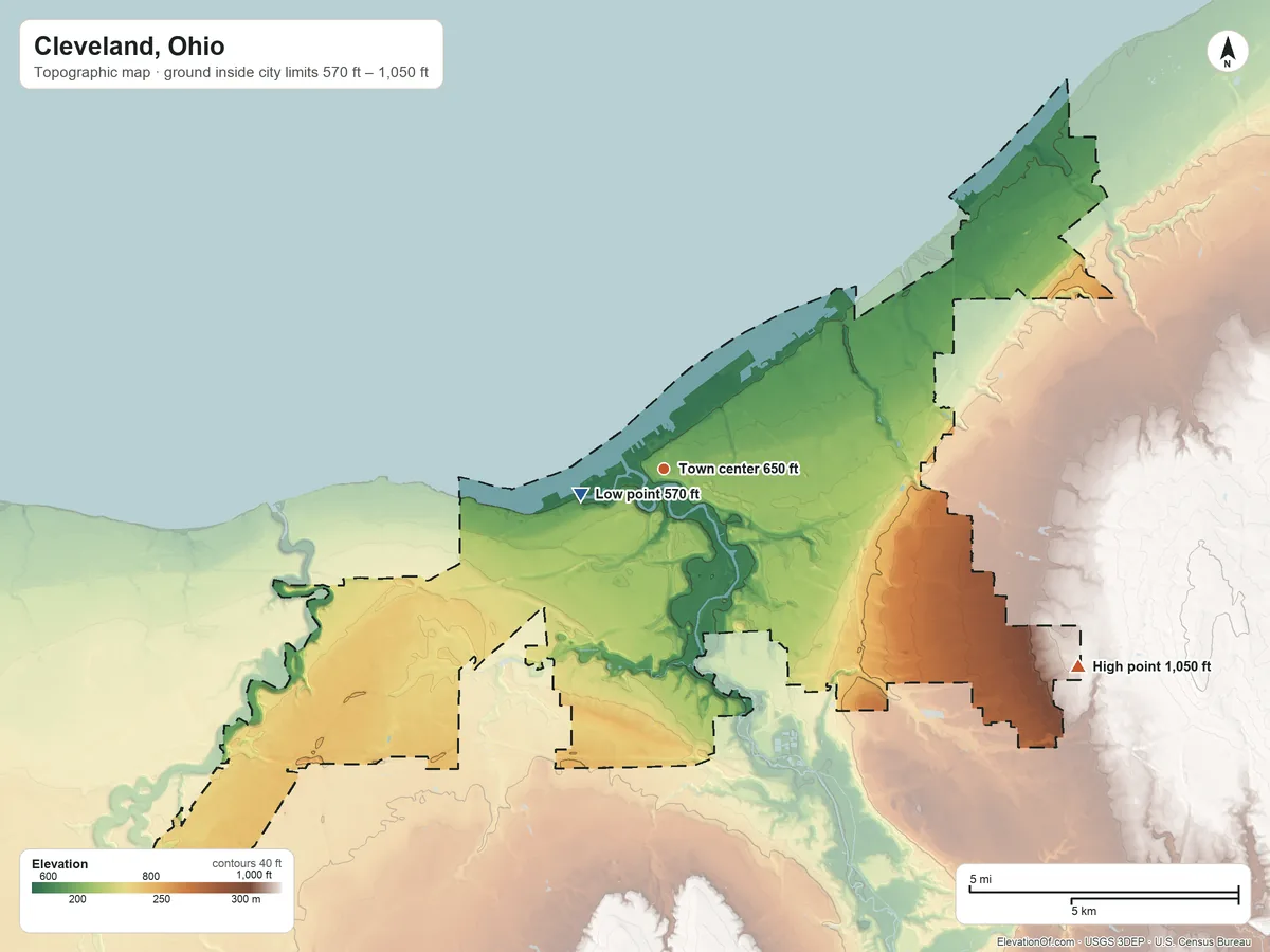 Topographic elevation map of Cleveland, Ohio, shaded from 570 ft near the middle to 1,050 ft on the southeast side