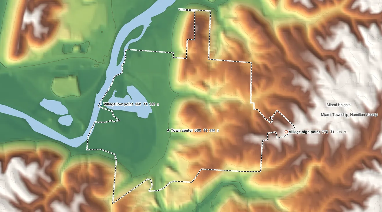 Topographic elevation map of Cleves, Ohio, shaded from 460 ft on the west side to 770 ft on the east side