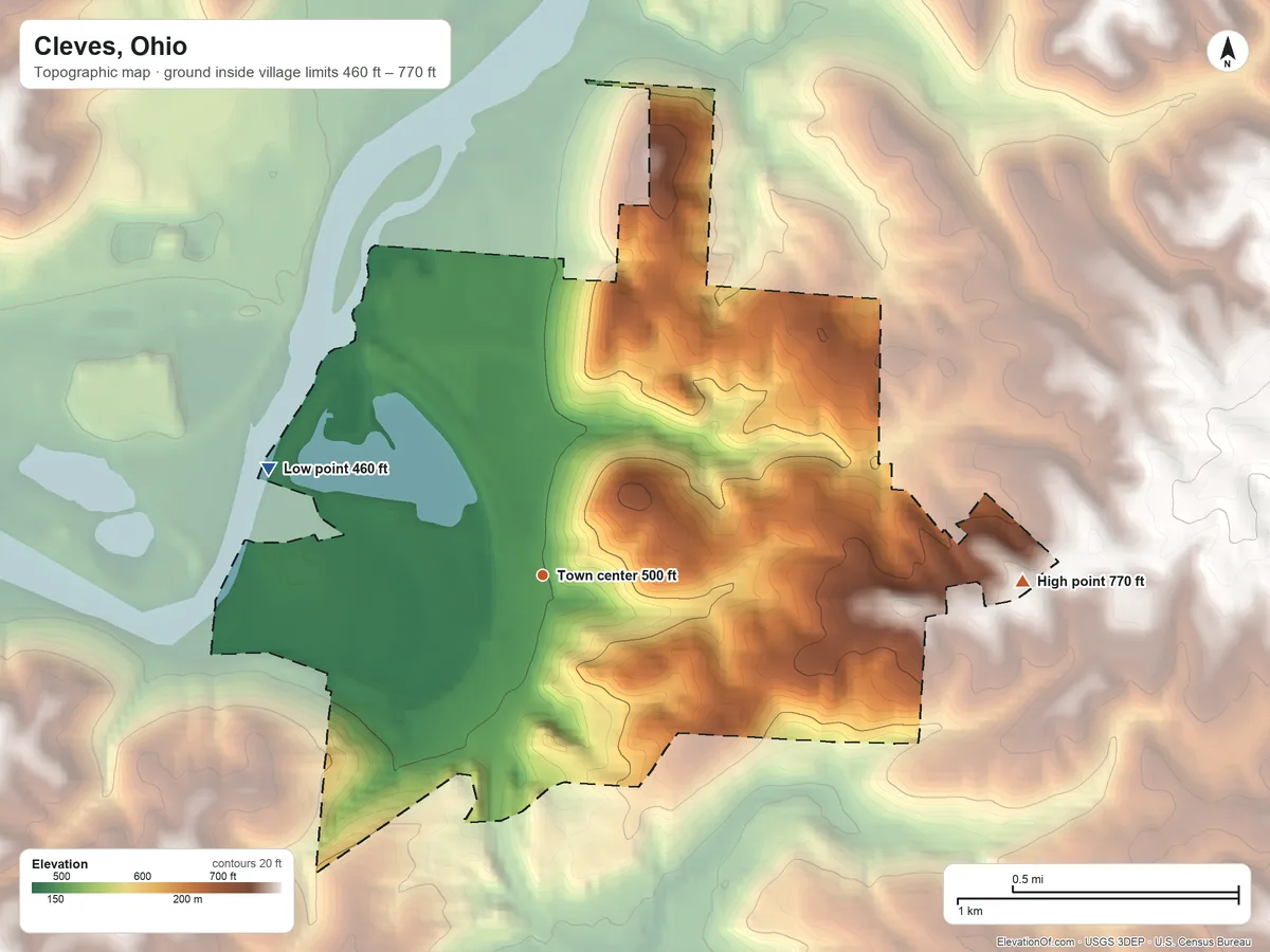 Topographic elevation map of Cleves, Ohio, shaded from 460 ft on the west side to 770 ft on the east side