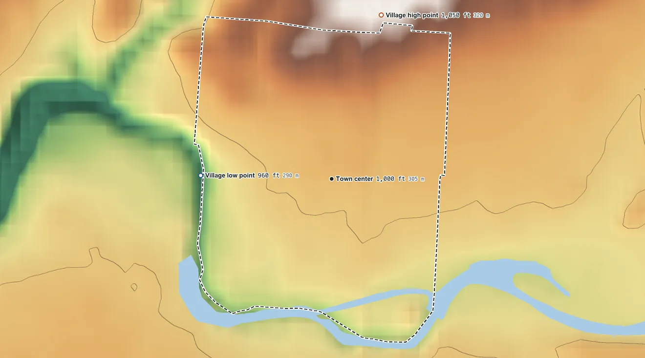 Topographic elevation map of Clifton, Ohio, shaded from 960 ft on the west side to 1,050 ft on the north side