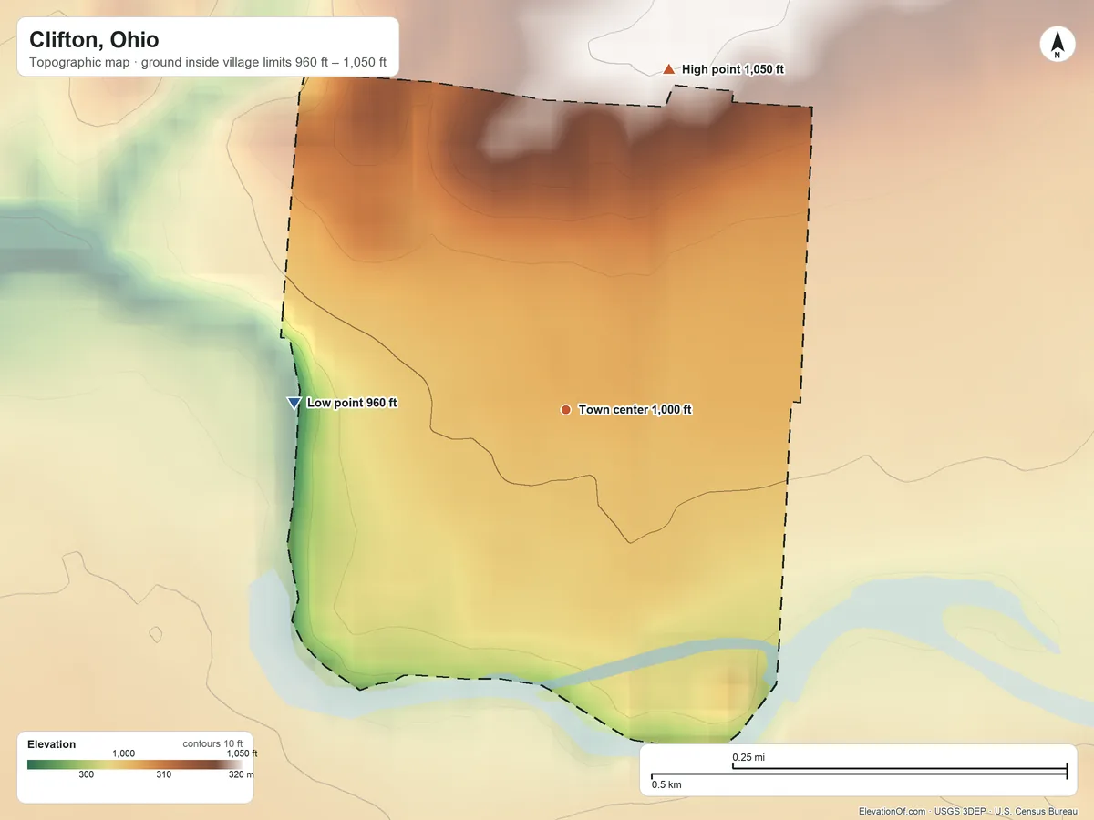 Topographic elevation map of Clifton, Ohio, shaded from 960 ft on the west side to 1,050 ft on the north side