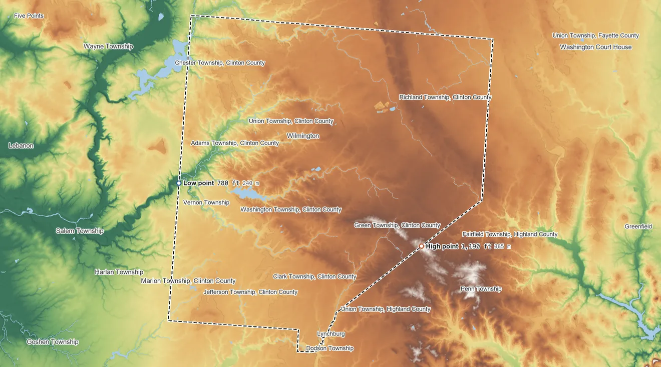 Topographic elevation map of Clinton County, Ohio, shaded from 780 ft on the west side to 1,190 ft on the southeast side