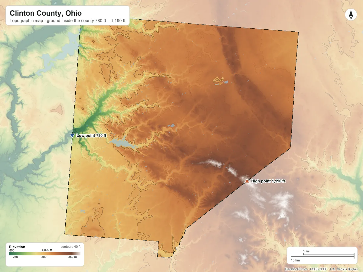 Topographic elevation map of Clinton County, Ohio, shaded from 780 ft on the west side to 1,190 ft on the southeast side