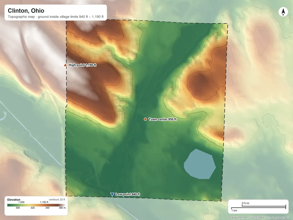 Topographic elevation map of Clinton, Ohio, shaded from 940 ft on the southwest side to 1,190 ft on the northwest side