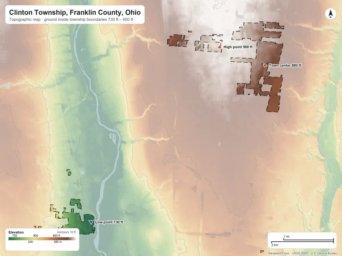 Topographic elevation map of Clinton Township, Franklin County, Ohio, shaded from 730 ft on the southwest side to 900 ft on the west side