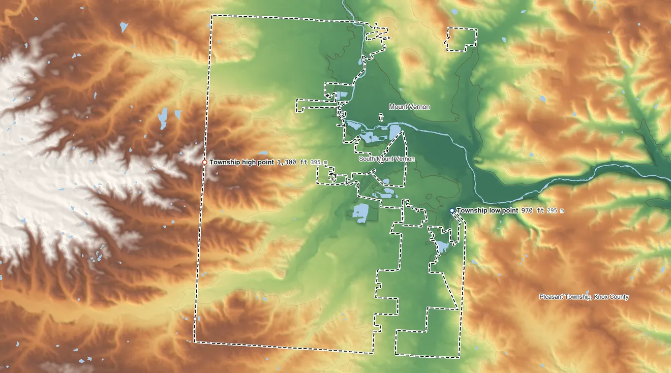 Topographic elevation map of Clinton Township, Knox County, Ohio, shaded from 970 ft on the east side to 1,300 ft on the west side
