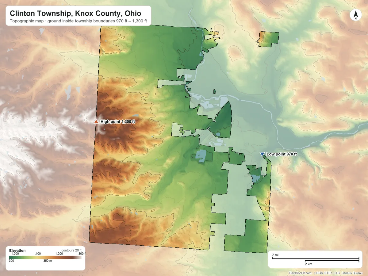 Topographic elevation map of Clinton Township, Knox County, Ohio, shaded from 970 ft on the east side to 1,300 ft on the west side