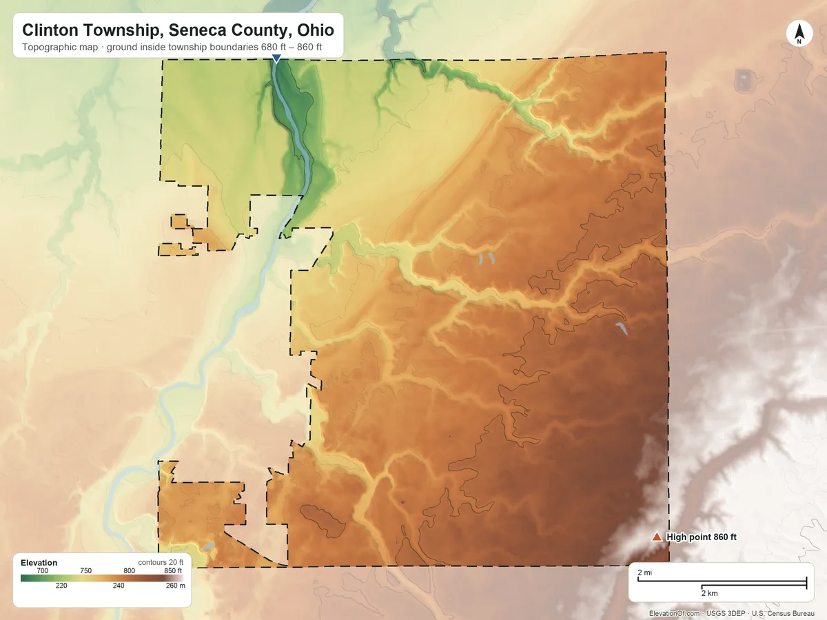 Topographic elevation map of Clinton Township, Seneca County, Ohio, shaded from 680 ft on the north side to 860 ft on the southeast side