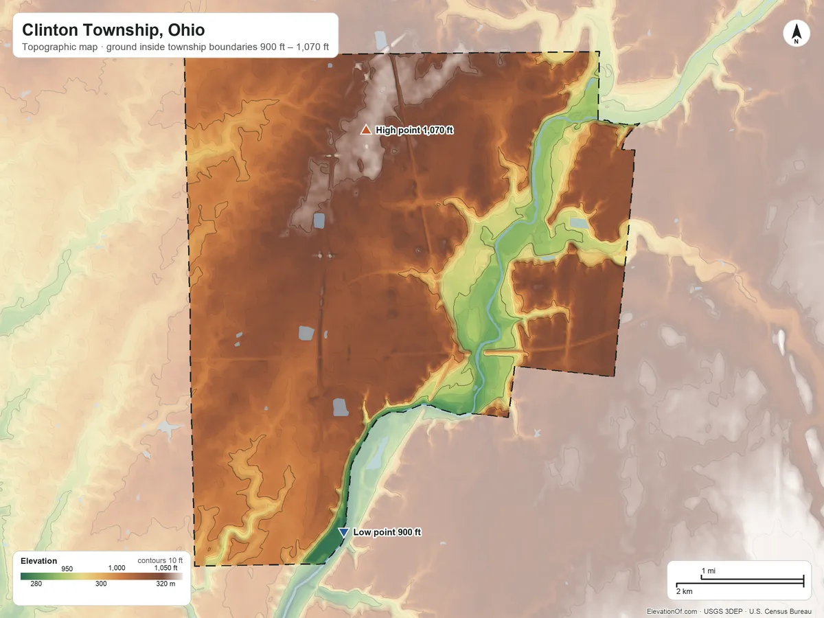 Topographic elevation map of Clinton Township, Ohio, shaded from 900 ft on the south side to 1,070 ft on the northwest side