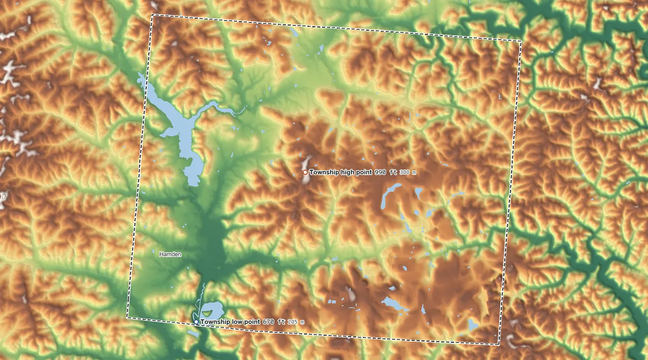 Topographic elevation map of Clinton Township, Vinton County, Ohio, shaded from 670 ft on the southwest side to 990 ft on the northeast side